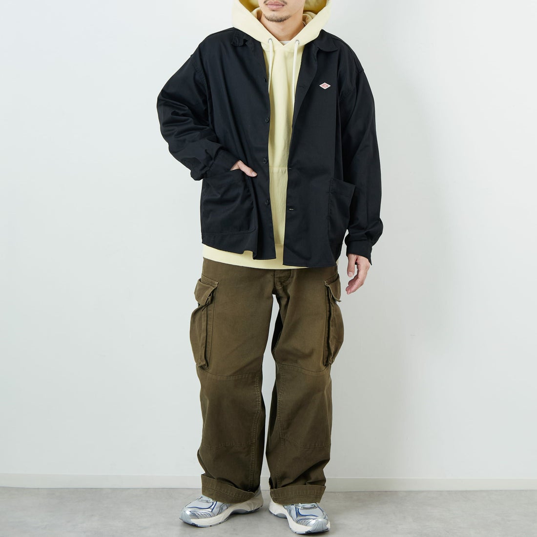 DANTON [ダントン] ワンポイントロゴ シャツジャケット [DT-B0396TCC] BLACK &&モデル身長：168cm 着用サイズ：40&&