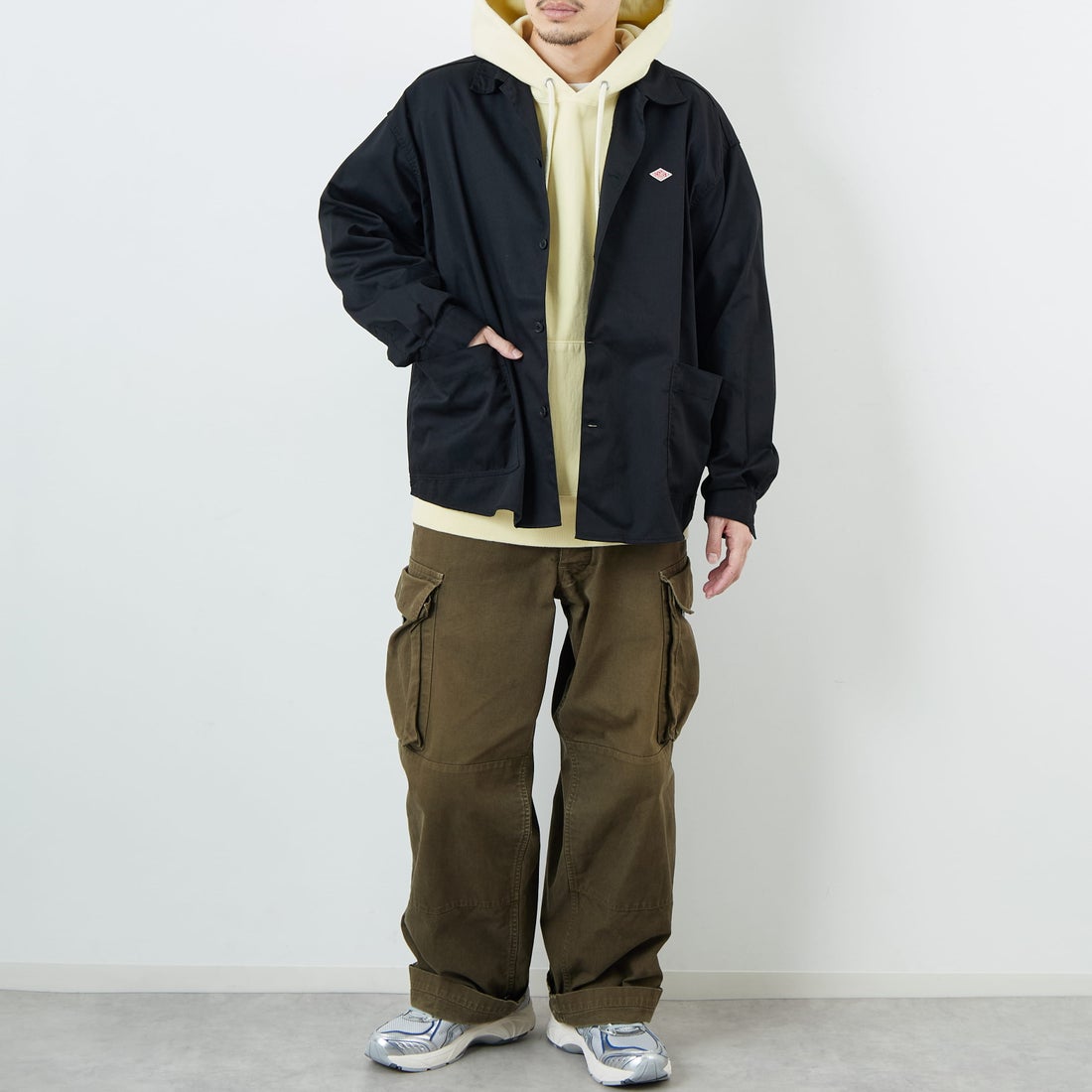 DANTON [ダントン] ワンポイントロゴ シャツジャケット [DT-B0396TCC] BLACK &&モデル身長：168cm 着用サイズ：40&&