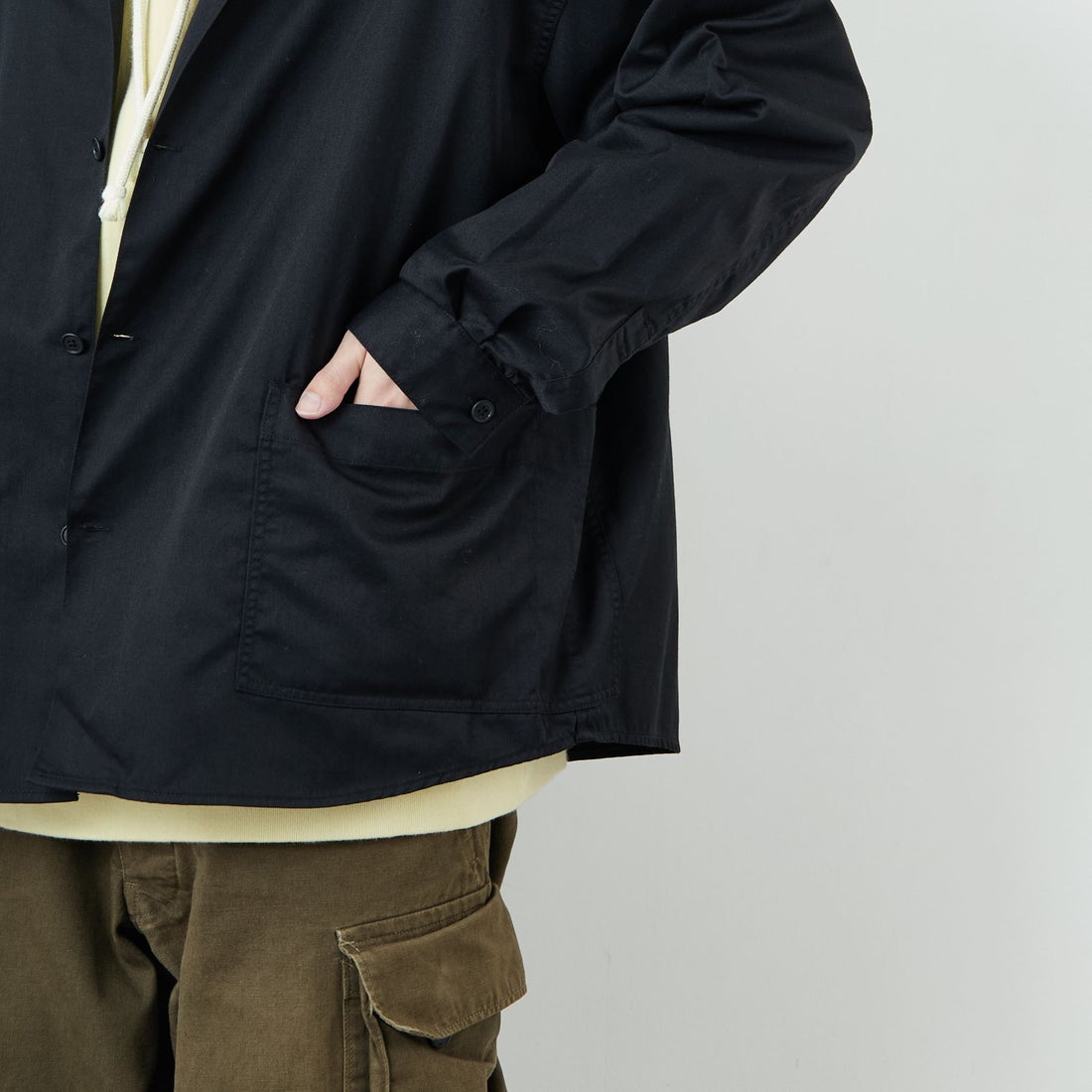 DANTON [ダントン] ワンポイントロゴ シャツジャケット [DT-B0396TCC] BLACK &&モデル身長：168cm 着用サイズ：40&&