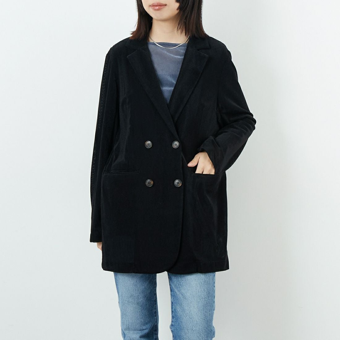 CLOCHE [クロシェ] メッシュベロアダブルジャケット [55284517] ﾌﾞﾗｯｸ &&モデル身長：162cm 着用サイズ：2&&