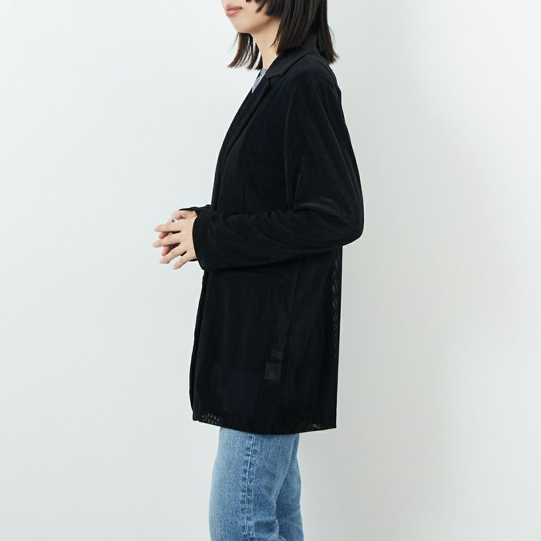 CLOCHE [クロシェ] メッシュベロアダブルジャケット [55284517] ﾌﾞﾗｯｸ &&モデル身長：162cm 着用サイズ：2&&