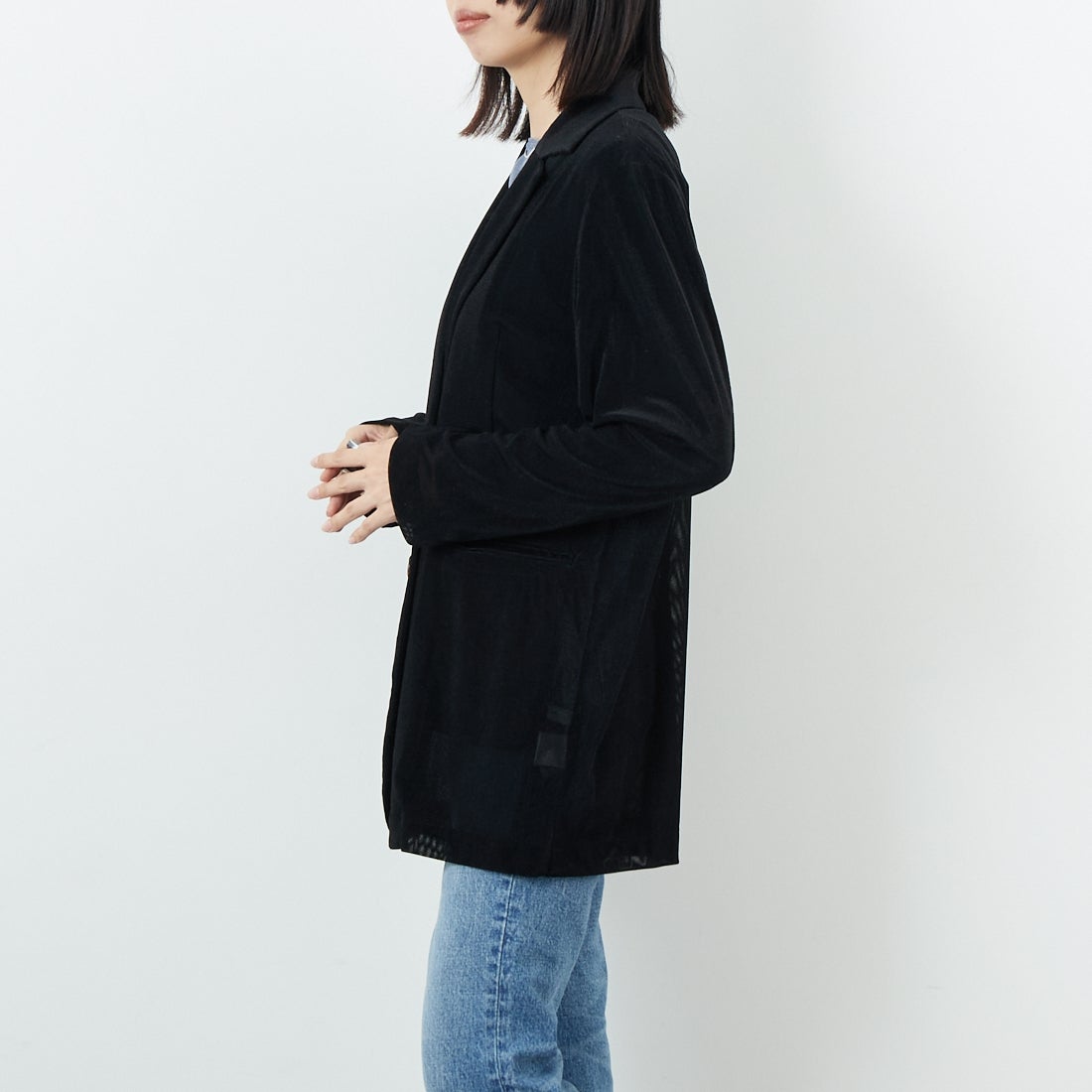 CLOCHE [クロシェ] メッシュベロアダブルジャケット [55284517] ﾌﾞﾗｯｸ &&モデル身長：162cm 着用サイズ：2&&