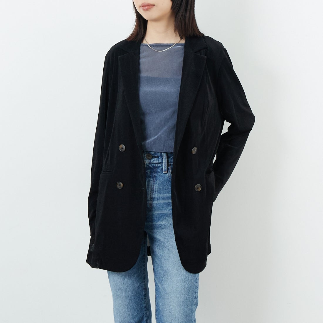 CLOCHE [クロシェ] メッシュベロアダブルジャケット [55284517] ﾌﾞﾗｯｸ &&モデル身長：162cm 着用サイズ：2&&