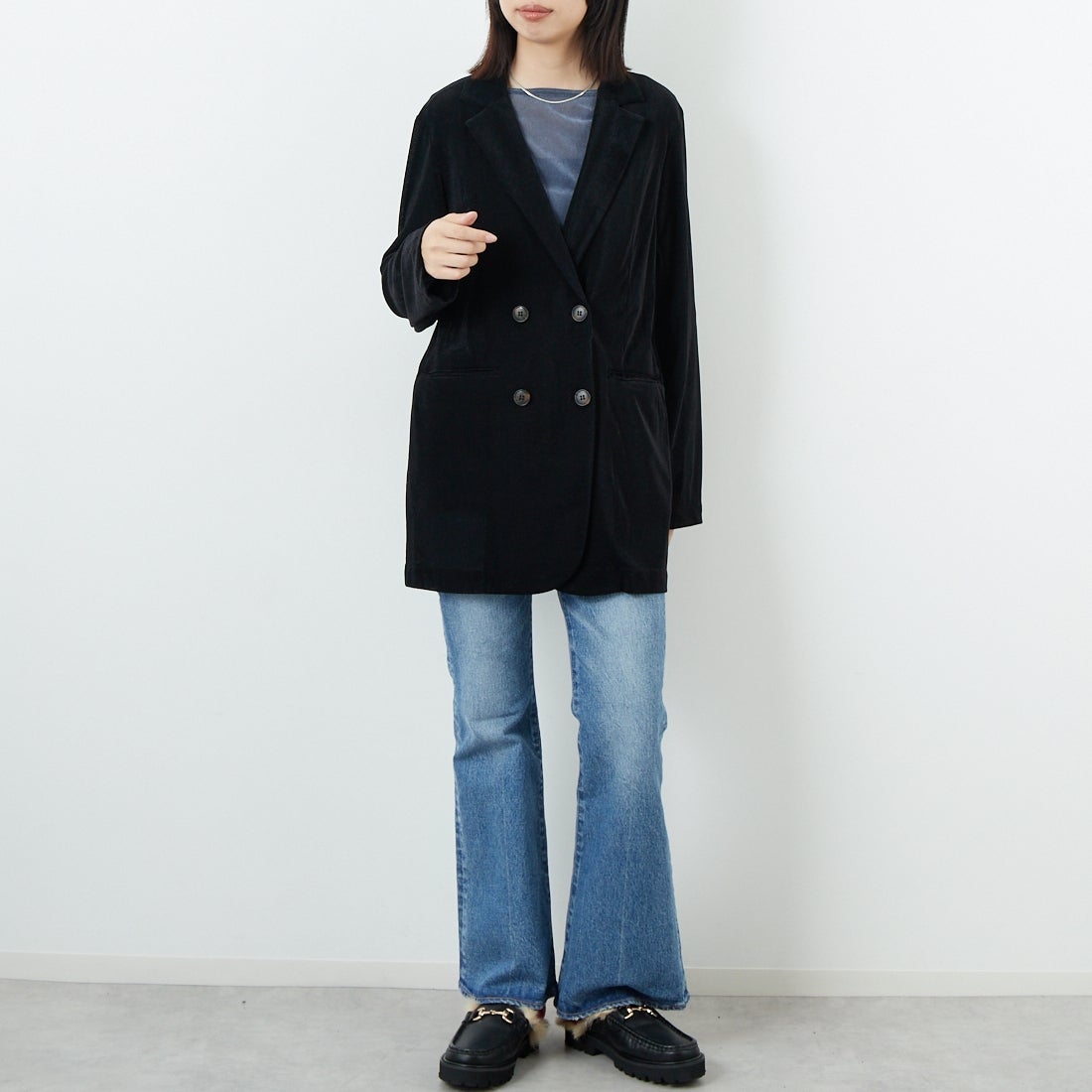 CLOCHE [クロシェ] メッシュベロアダブルジャケット [55284517] ﾌﾞﾗｯｸ &&モデル身長：162cm 着用サイズ：2&&