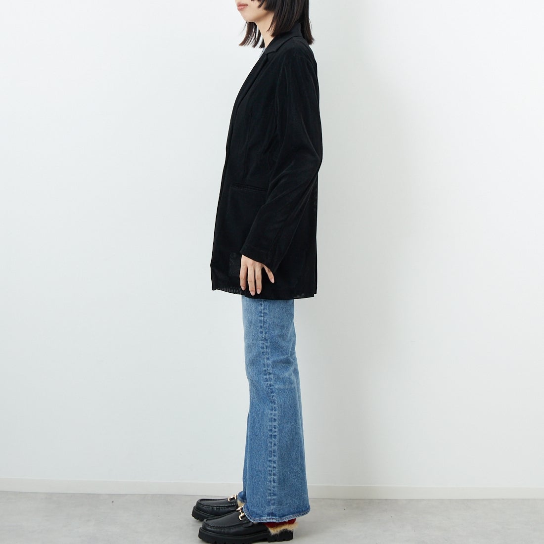 CLOCHE [クロシェ] メッシュベロアダブルジャケット [55284517] ﾌﾞﾗｯｸ &&モデル身長：162cm 着用サイズ：2&&