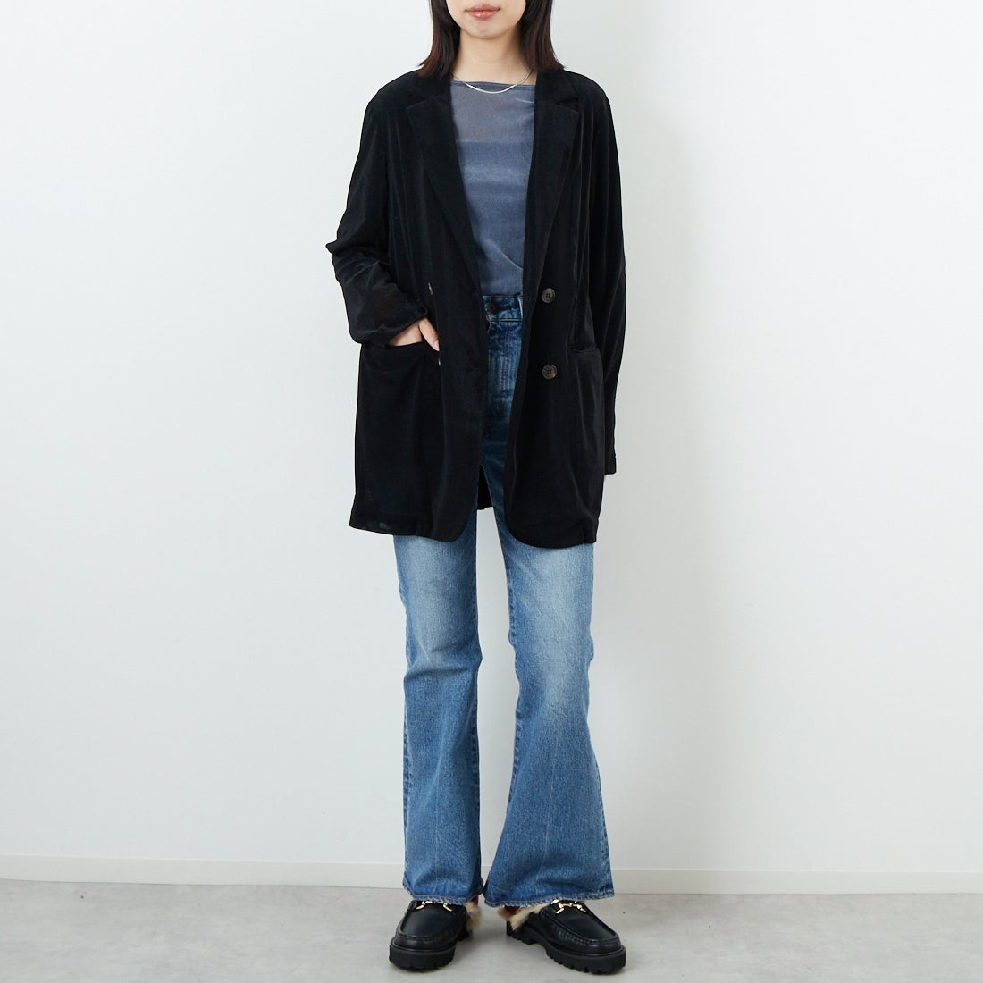 CLOCHE [クロシェ] メッシュベロアダブルジャケット [55284517] ﾌﾞﾗｯｸ &&モデル身長：162cm 着用サイズ：2&&