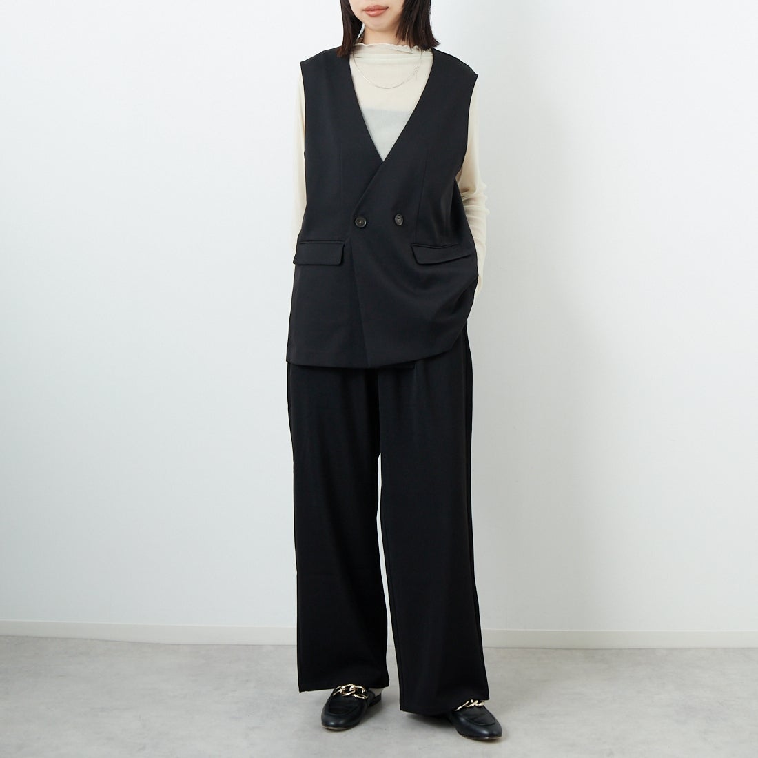 Jeans Factory Clothes [ジーンズファクトリークローズ] イージーワイドパンツ [IN18-PT-5] BLACK &&モデル身長：162cm 着用サイズ：36&&