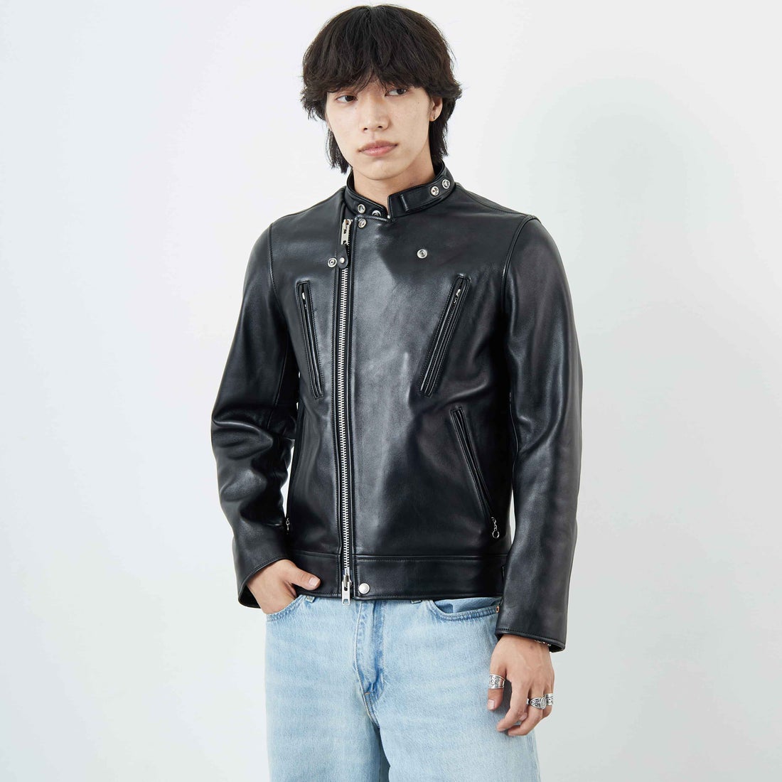 Schott [ショット] ダブルブレスト ライダースジャケット [7825950010] 010 BLACK &&モデル身長：179cm 着用サイズ：M&&