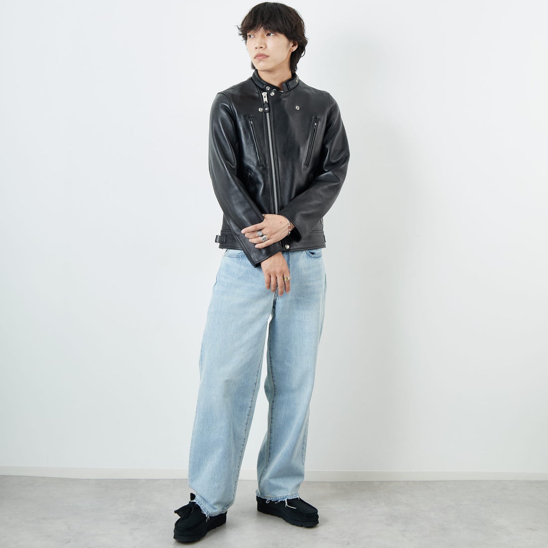 Schott [ショット] ダブルブレスト ライダースジャケット [7825950010] 010 BLACK &&モデル身長：179cm 着用サイズ：M&&