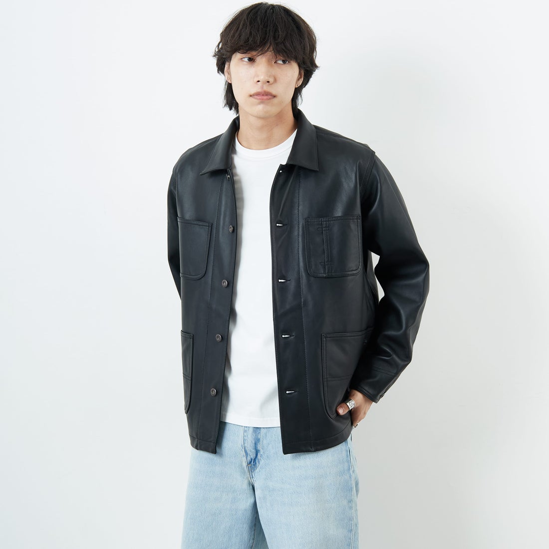 Schott [ショット] ラムレザー カバーオールジャケット [7825950012] 010 BLACK &&モデル身長：179cm 着用サイズ：M&&