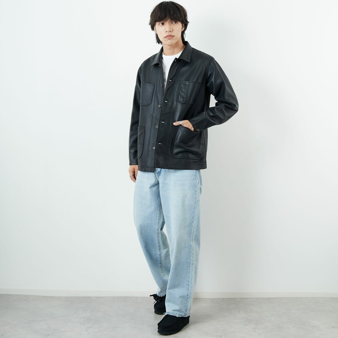 Schott [ショット] ラムレザー カバーオールジャケット [7825950012] 010 BLACK &&モデル身長：179cm 着用サイズ：M&&