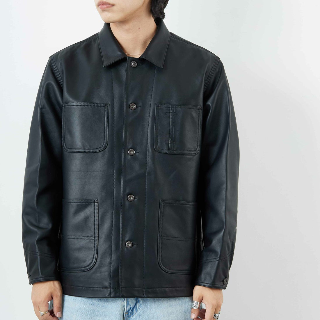 Schott [ショット] ラムレザー カバーオールジャケット [7825950012] 010 BLACK &&モデル身長：179cm 着用サイズ：M&&