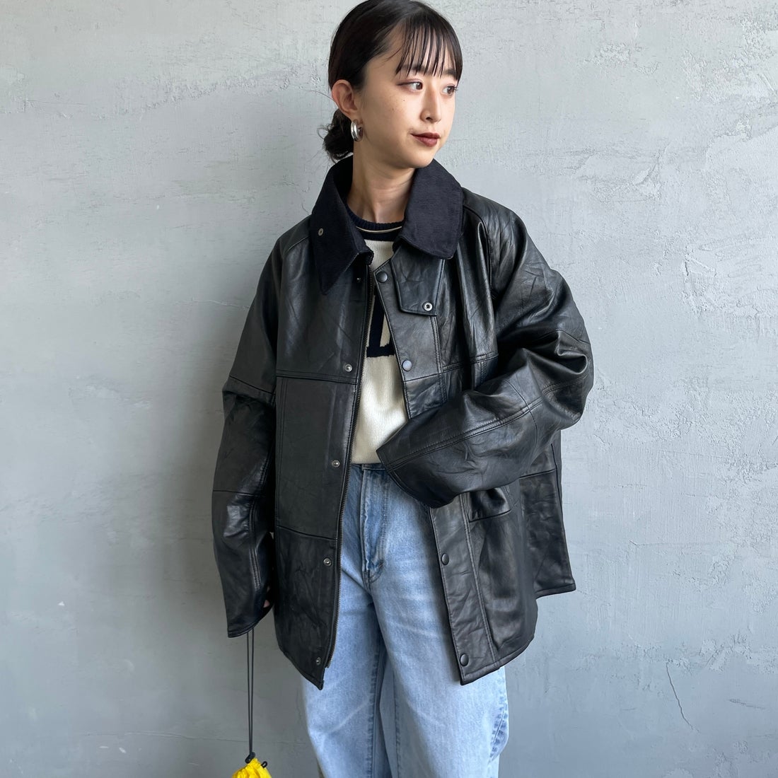 yoused [ユーズド] 別注 ドライバーズジャケット [JFY-244-092-JF] BLACK &&モデル身長：150cm 着用サイズ：0&&