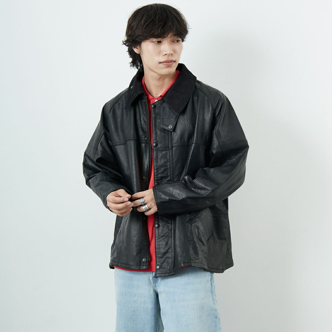 yoused [ユーズド] 別注 ドライバーズジャケット [JFY-244-092-JF] BLACK &&モデル身長：179cm 着用サイズ：2&&