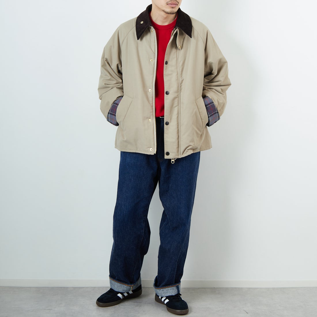 Barbour [バブアー] 別注 中綿入り TRANSPORT トランスポートジャケット [MCAS205-JF] GREIGE &&モデル身長：168cm 着用サイズ：40&&