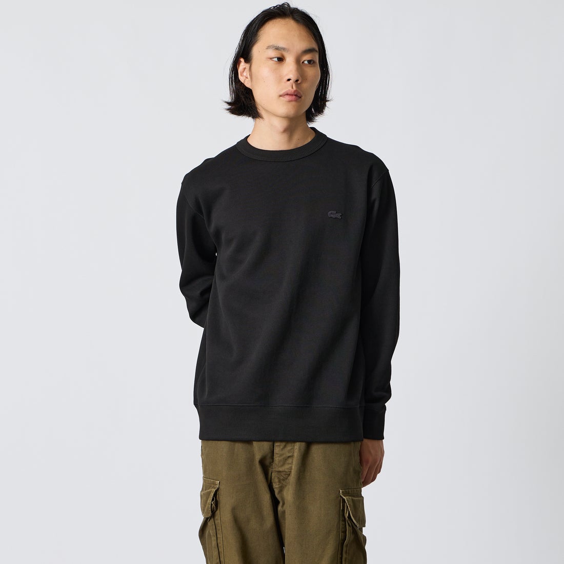 LACOSTE [ラコステ] 鹿の子ワントーンクルーネックスウェット [SH9359] 031 BLACK &&モデル身長：175cm 着用サイズ：4&&