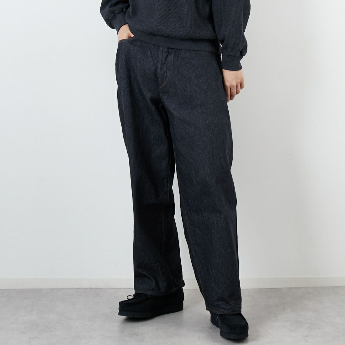 blurhms ROOTSTOCK [ブラームス ルーツストック] 13.5oz ワイドデニムパンツ [BROOTS25S8F25] 02 S.BLACK &&モデル身長：179cm 着用サイズ：3&&