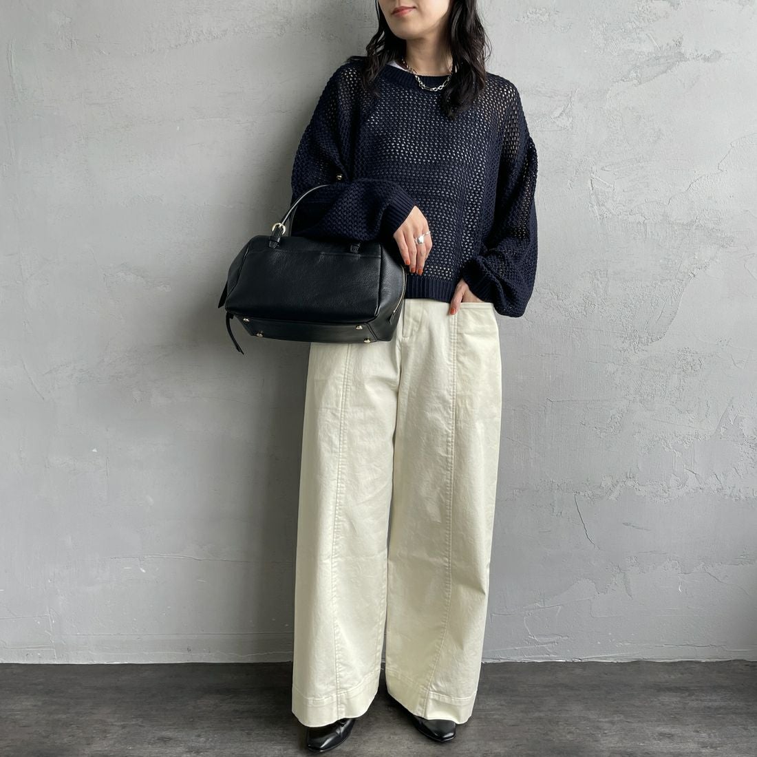 mizuiro ind [ミズイロインド] メッシュクルーネックプルオーバー [3-220093] 99 BLACK &&モデル身長：160cm 着用サイズ：F&&