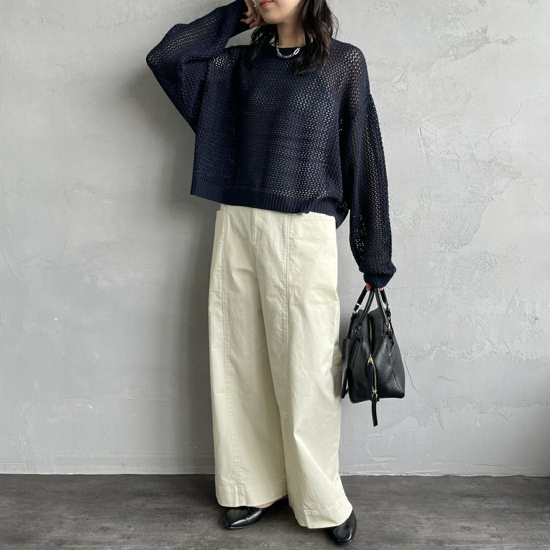 mizuiro ind [ミズイロインド] メッシュクルーネックプルオーバー [3-220093] 99 BLACK &&モデル身長：160cm 着用サイズ：F&&