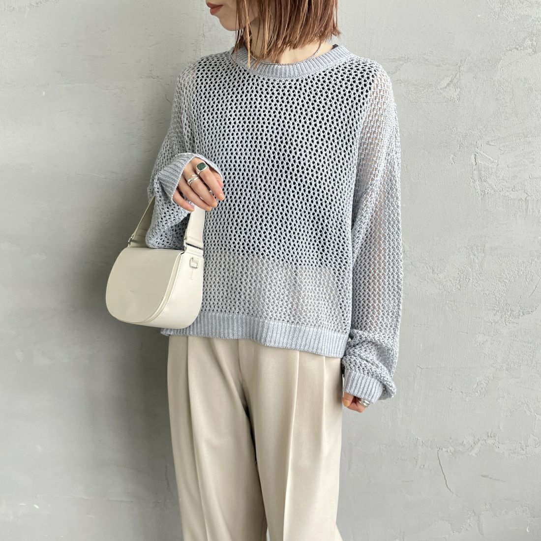 mizuiro ind [ミズイロインド] メッシュクルーネックプルオーバー [3-220093] 90 L.GRAY &&モデル身長：158cm 着用サイズ：F&&