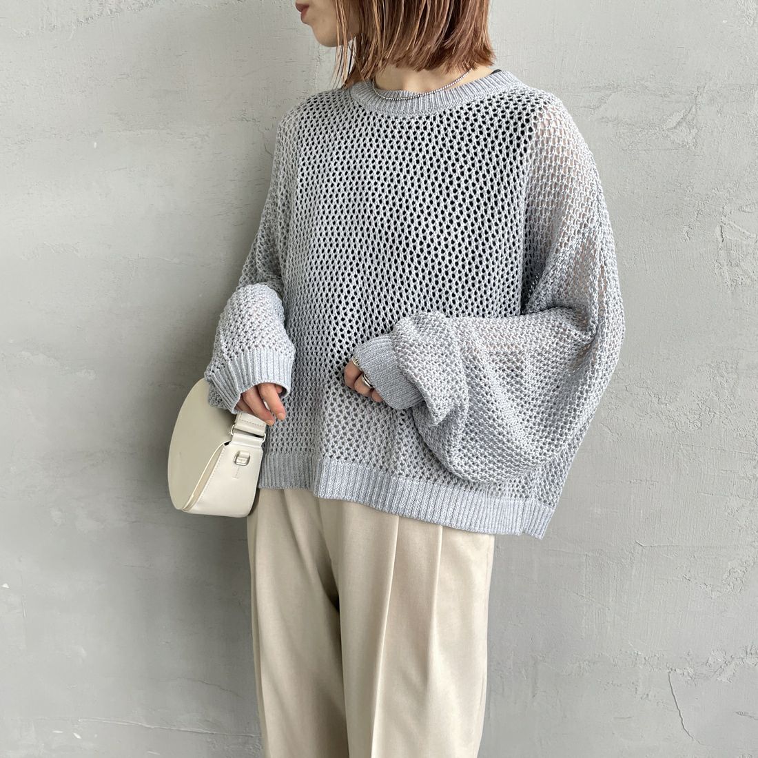 mizuiro ind [ミズイロインド] メッシュクルーネックプルオーバー [3-220093] 90 L.GRAY &&モデル身長：158cm 着用サイズ：F&&