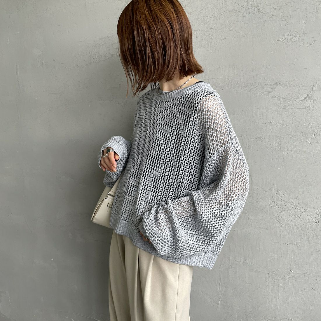 mizuiro ind [ミズイロインド] メッシュクルーネックプルオーバー [3-220093] 90 L.GRAY &&モデル身長：158cm 着用サイズ：F&&