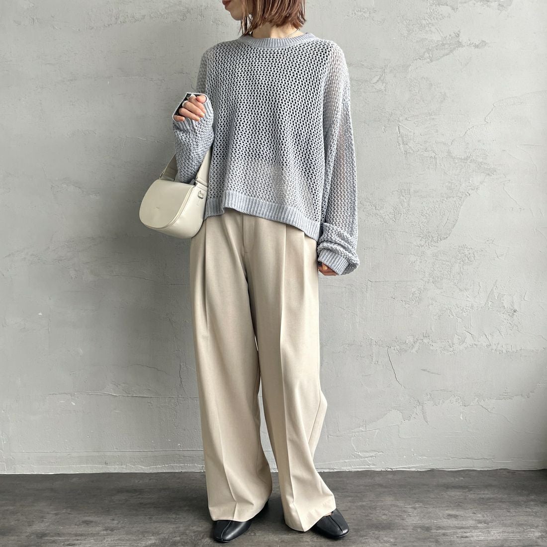 mizuiro ind [ミズイロインド] メッシュクルーネックプルオーバー [3-220093] 90 L.GRAY &&モデル身長：158cm 着用サイズ：F&&