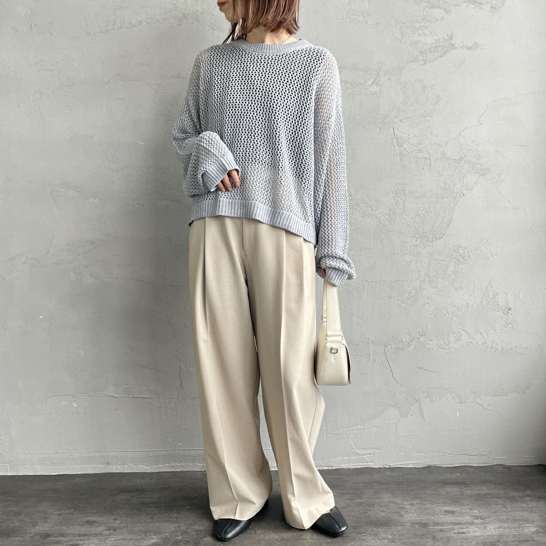 mizuiro ind [ミズイロインド] メッシュクルーネックプルオーバー [3-220093] 90 L.GRAY &&モデル身長：158cm 着用サイズ：F&&