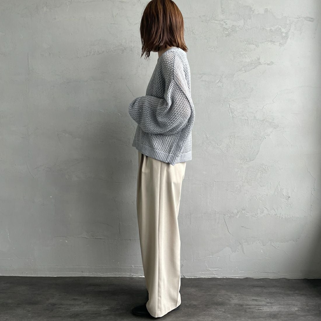 mizuiro ind [ミズイロインド] メッシュクルーネックプルオーバー [3-220093] 90 L.GRAY &&モデル身長：158cm 着用サイズ：F&&