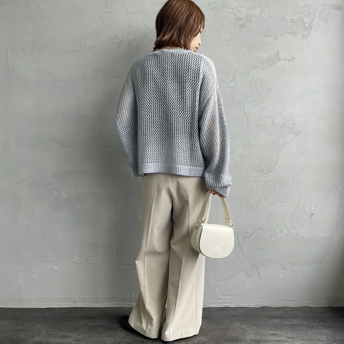 mizuiro ind [ミズイロインド] メッシュクルーネックプルオーバー [3-220093] 90 L.GRAY &&モデル身長：158cm 着用サイズ：F&&