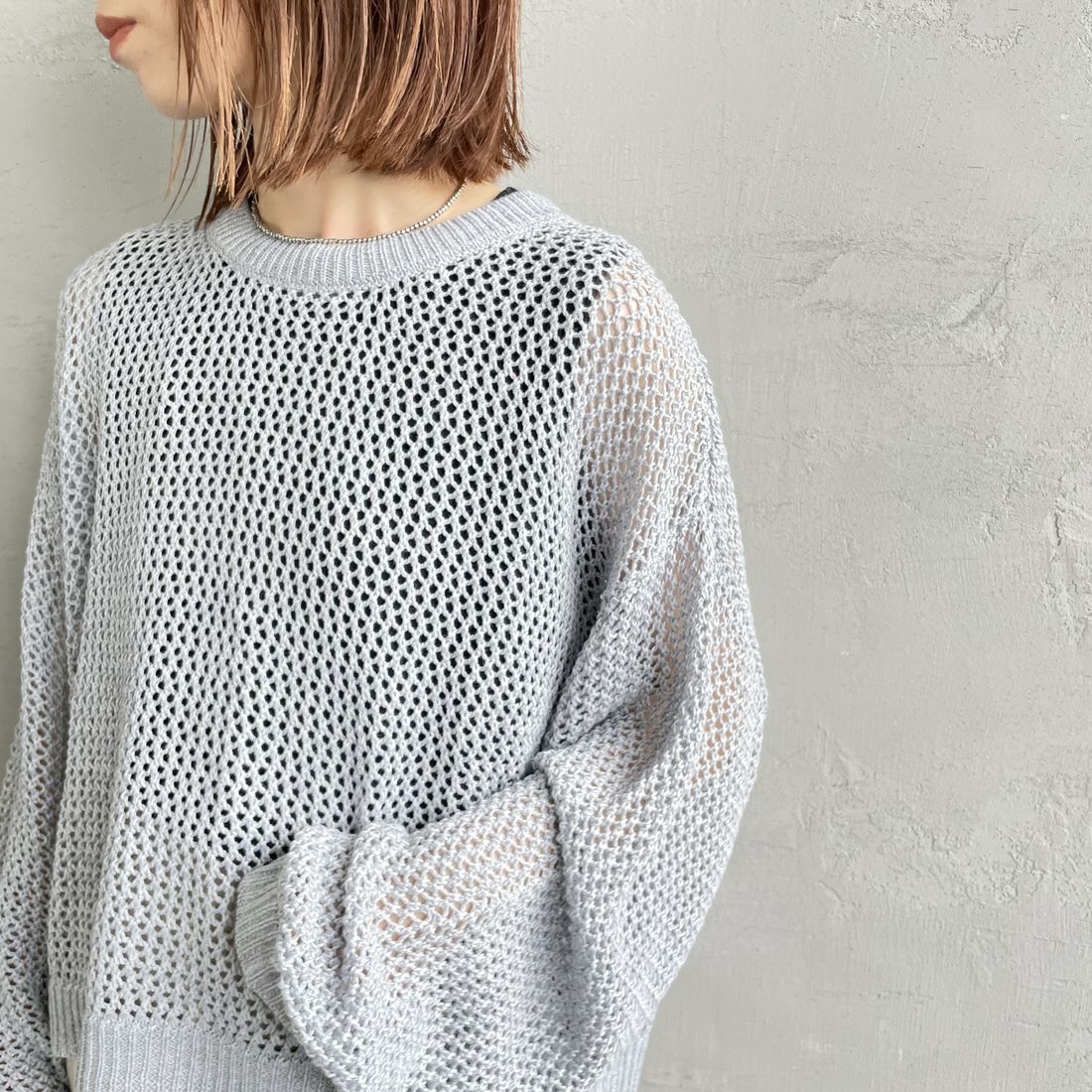 mizuiro ind [ミズイロインド] メッシュクルーネックプルオーバー [3-220093] 90 L.GRAY &&モデル身長：158cm 着用サイズ：F&&