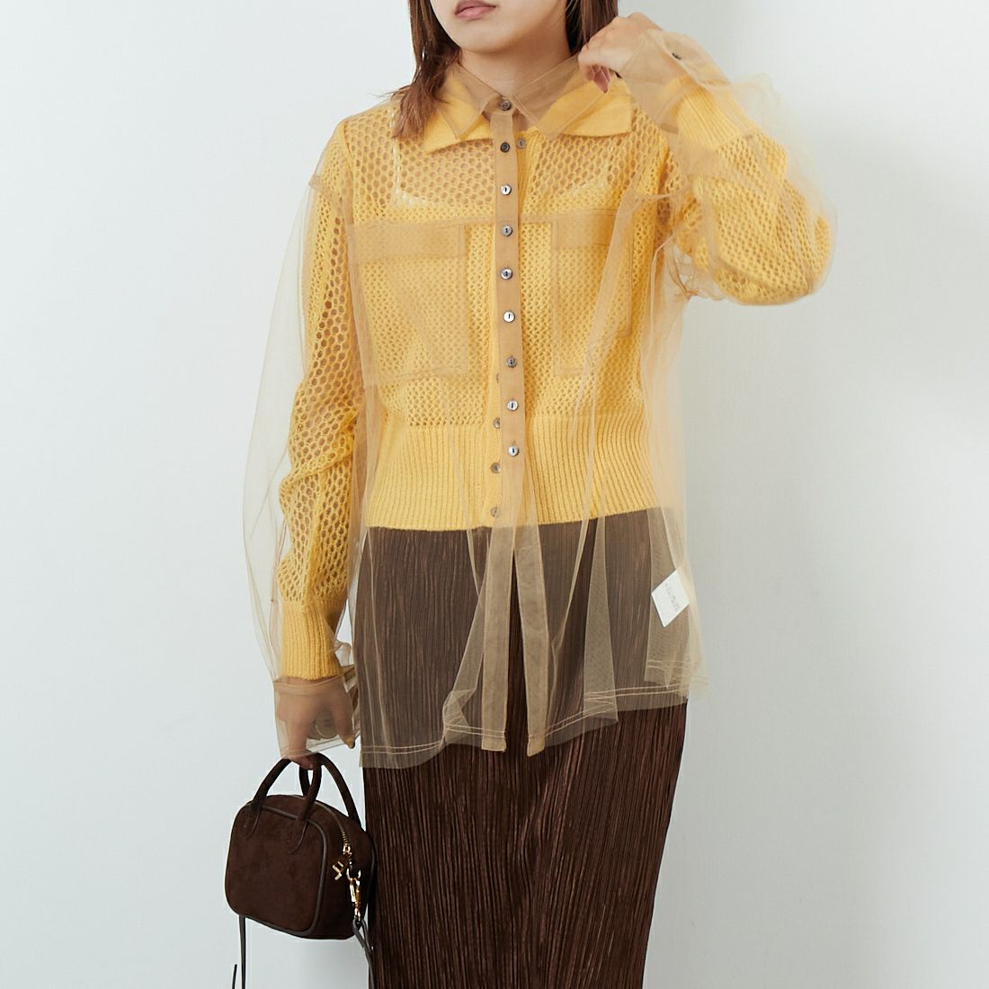 MAISON SPECIAL [メゾンスペシャル] チュールシャツレイヤードポロニットカーディガン [21252366005] YEL &&モデル身長：167cm 着用サイズ：F&&