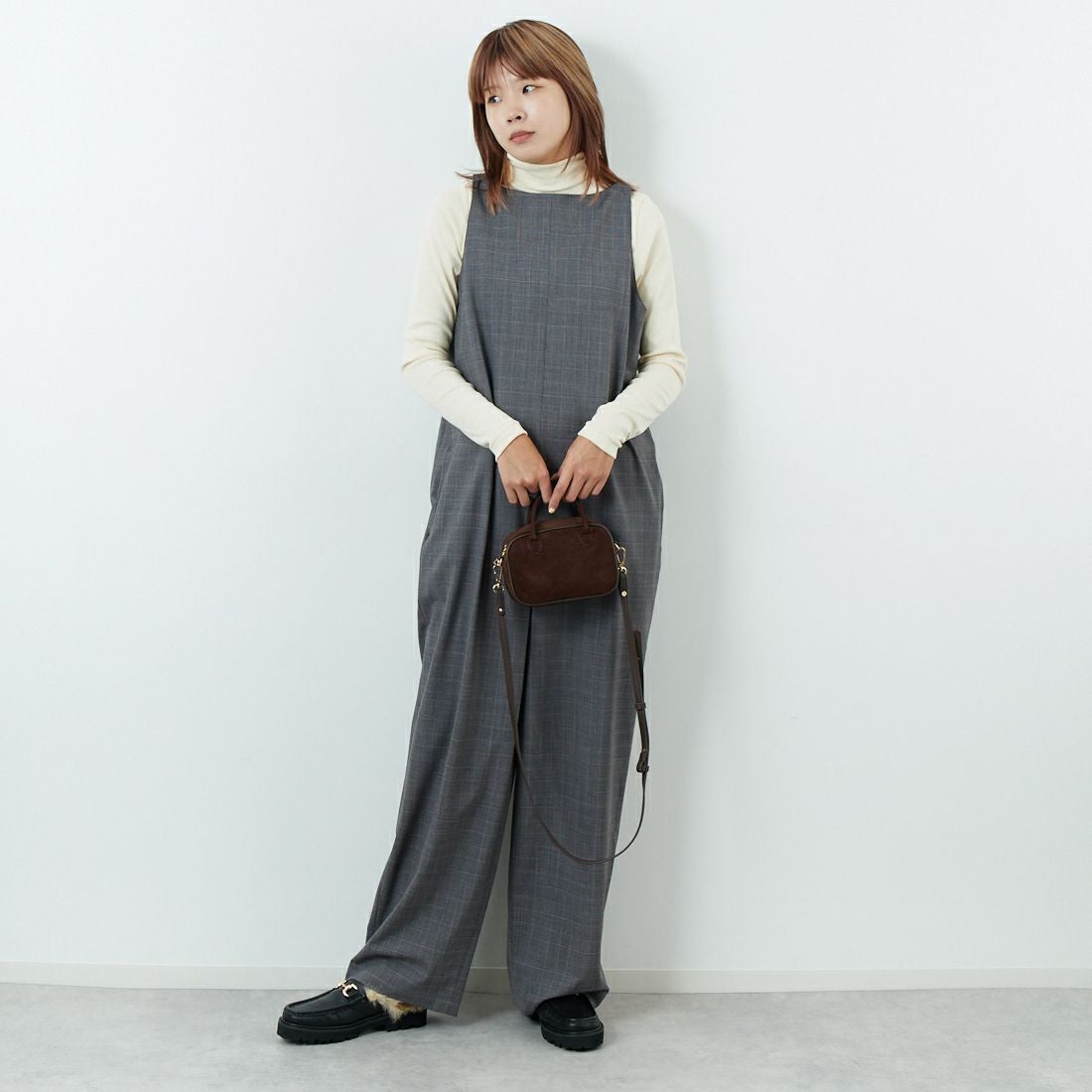 null. [ヌル] チェックパターンオールインワン [153WFO0254001] 006 GRY CH &&モデル身長：167cm 着用サイズ：F&&