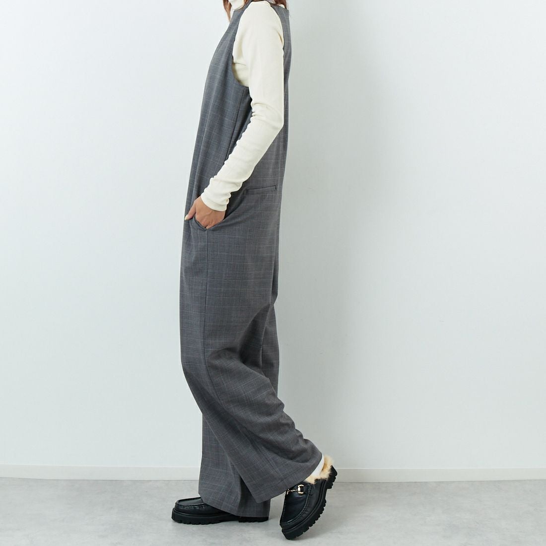 null. [ヌル] チェックパターンオールインワン [153WFO0254001] 006 GRY CH &&モデル身長：167cm 着用サイズ：F&&