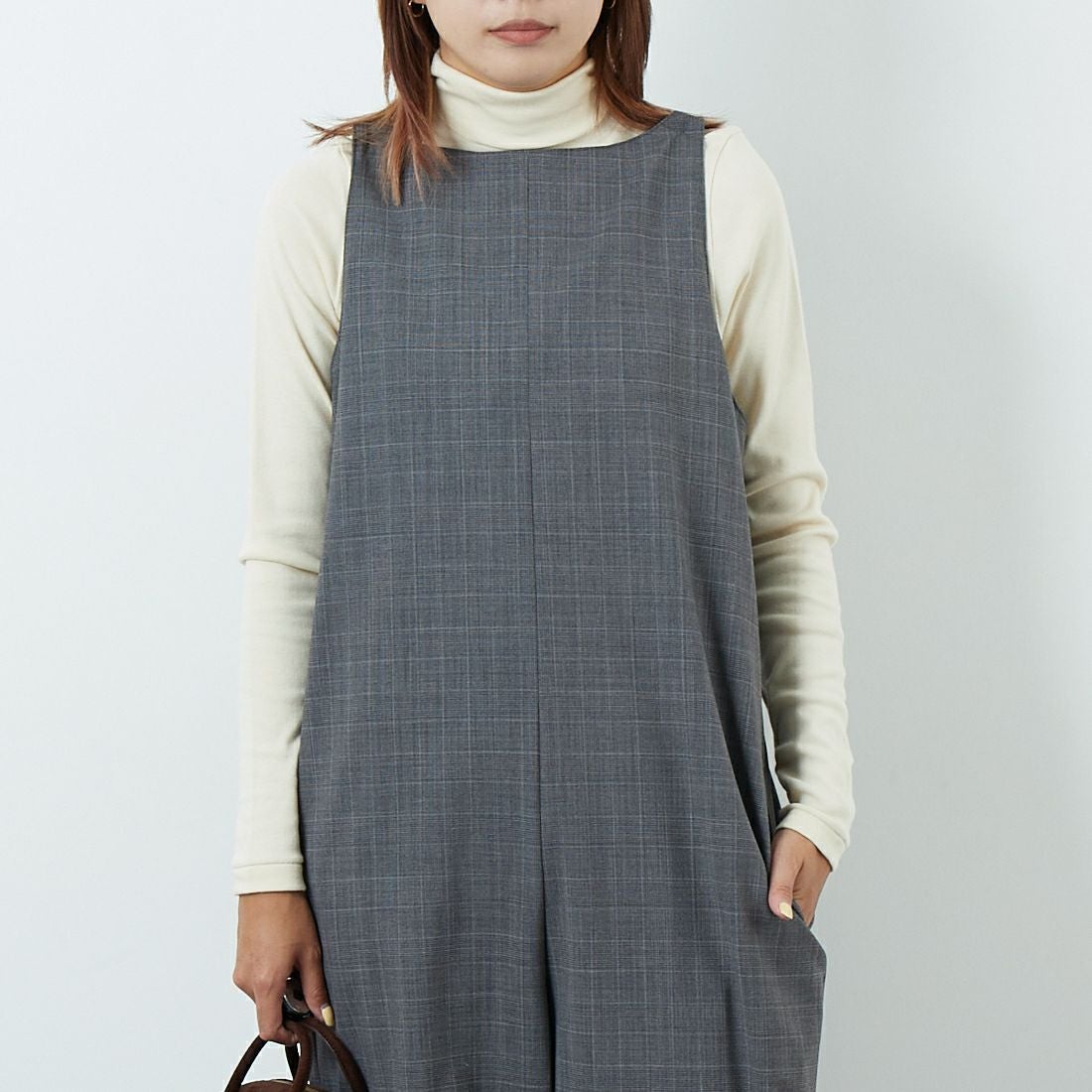 null. [ヌル] チェックパターンオールインワン [153WFO0254001] 006 GRY CH &&モデル身長：167cm 着用サイズ：F&&
