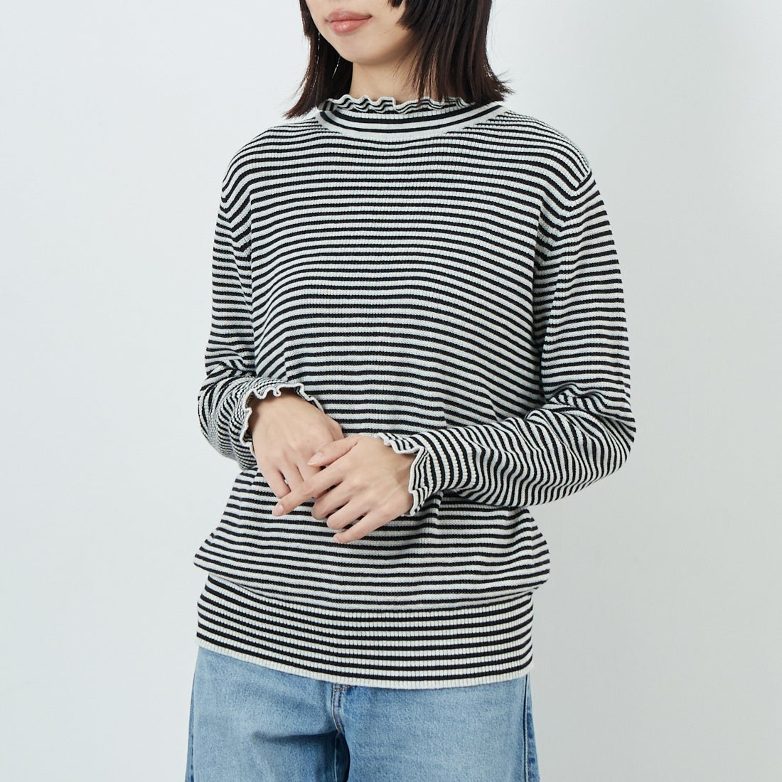 tumugu: [ツムグ] ランダムリブハイネックニット [TK19303B] 9L BORDER &&モデル身長：162cm 着用サイズ：F&&