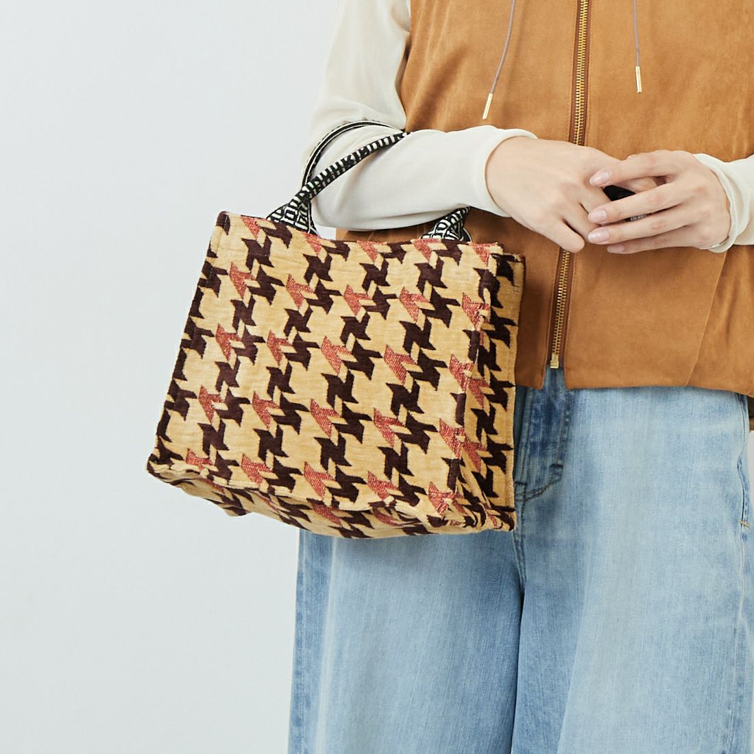 Bindu [ビンドゥー] 千鳥格子柄 スモールブックトートバッグ [BBB-2155] CAMEL BROW