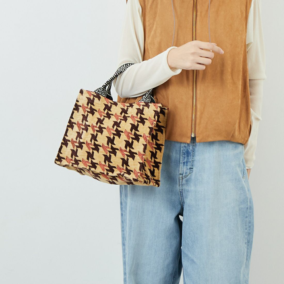 Bindu [ビンドゥー] 千鳥格子柄 スモールブックトートバッグ [BBB-2155] CAMEL BROW