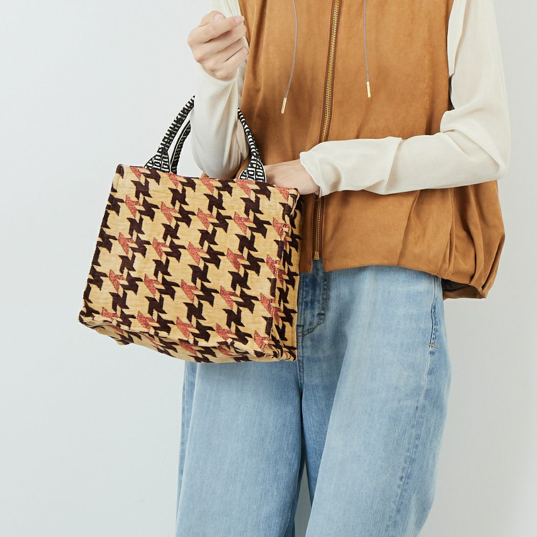 Bindu [ビンドゥー] 千鳥格子柄 スモールブックトートバッグ [BBB-2155] CAMEL BROW