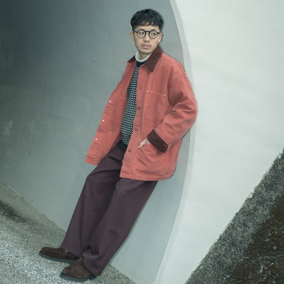 GRAMiCCi [グラミチ] 別注 ウールライク ワイドパンツ [GUP5-F1025-JF] BROWN &&モデル身長：168cm 着用サイズ：M&&