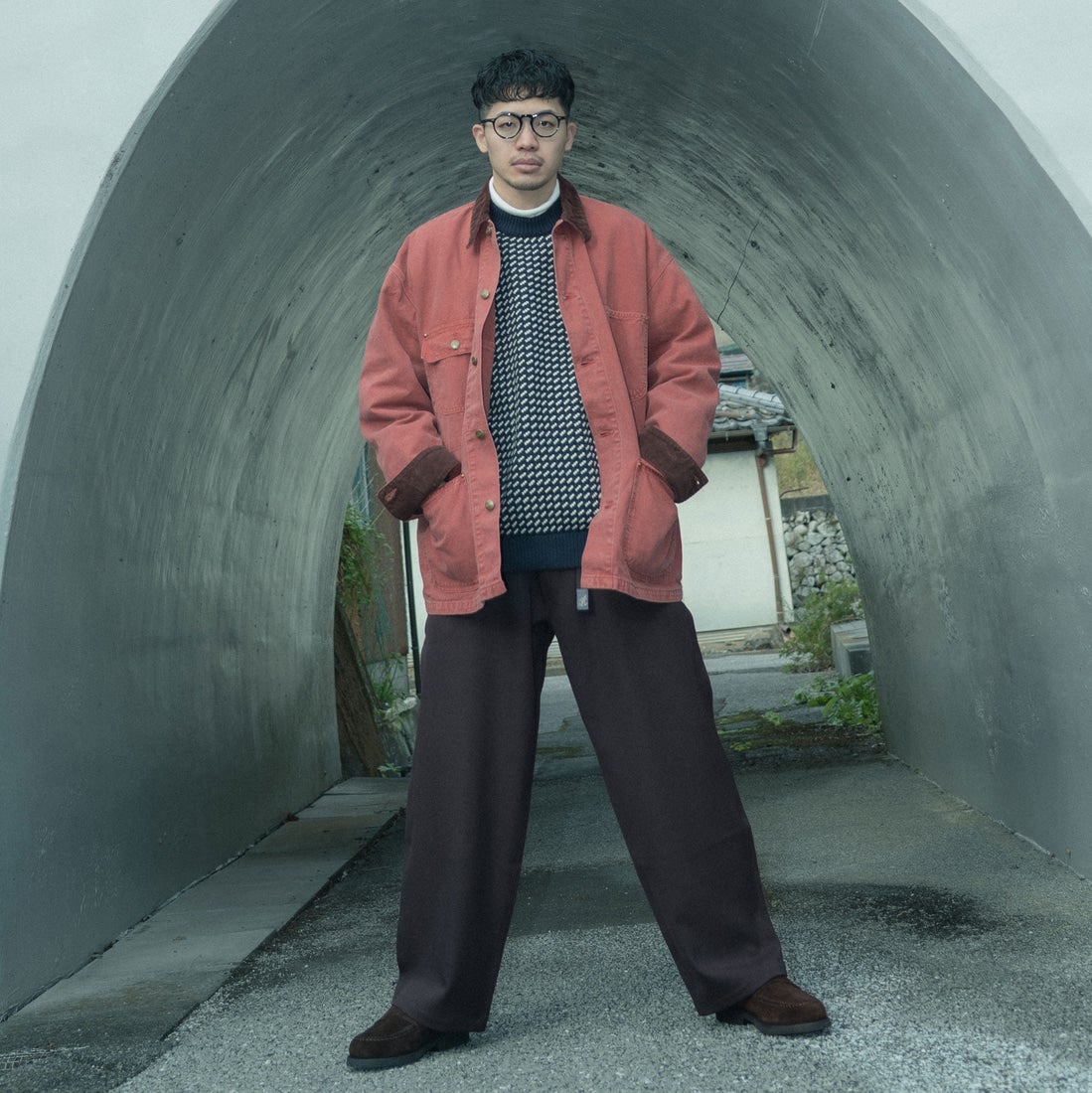GRAMiCCi [グラミチ] 別注 ウールライク ワイドパンツ [GUP5-F1025-JF] BROWN &&モデル身長：168cm 着用サイズ：M&&