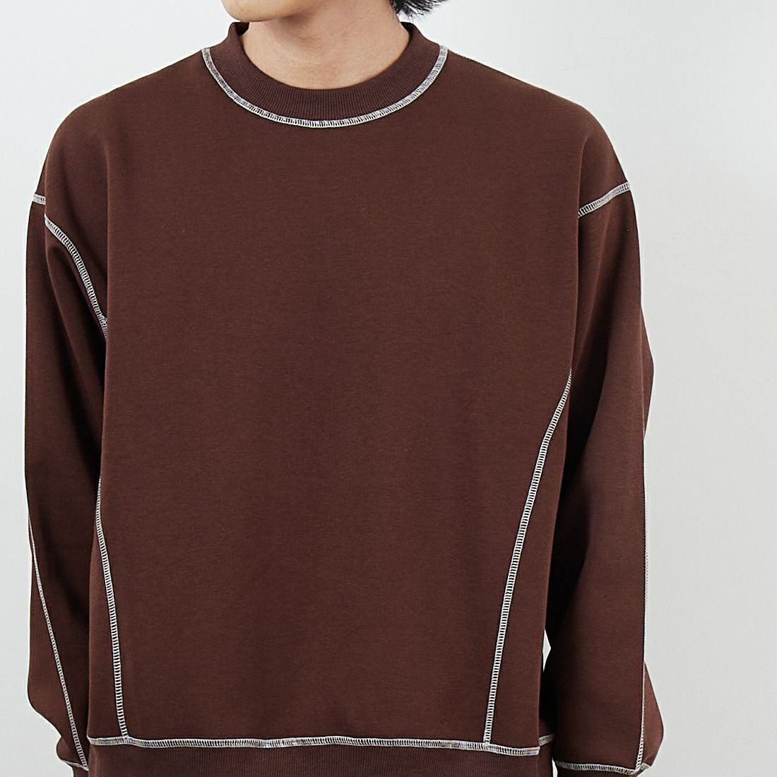 SLICK [スリック] ダブルエアニットステッチワークプルオーバー [5131030] 500 BROWN &&モデル身長：179cm 着用サイズ：1&&