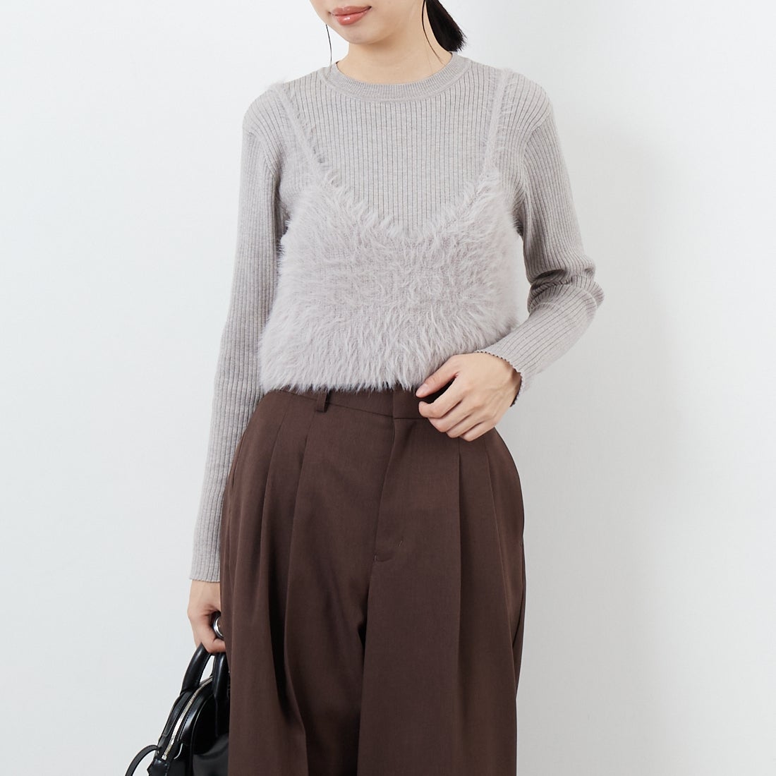 CLOCHE [クロシェ] ファービスチェ&リブニットセット [55285529] ﾗｲﾄｸﾞﾚｰ &&モデル身長：162cm 着用サイズ：2&&