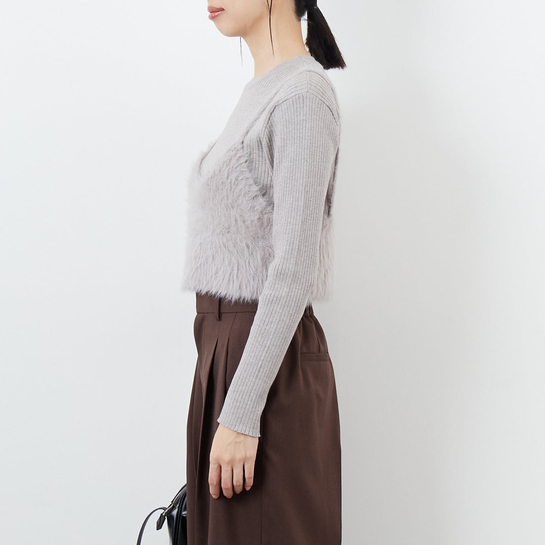 CLOCHE [クロシェ] ファービスチェ&リブニットセット [55285529] ﾗｲﾄｸﾞﾚｰ &&モデル身長：162cm 着用サイズ：2&&