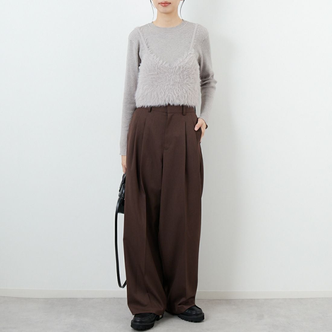 CLOCHE [クロシェ] ファービスチェ&リブニットセット [55285529] ﾗｲﾄｸﾞﾚｰ &&モデル身長：162cm 着用サイズ：2&&