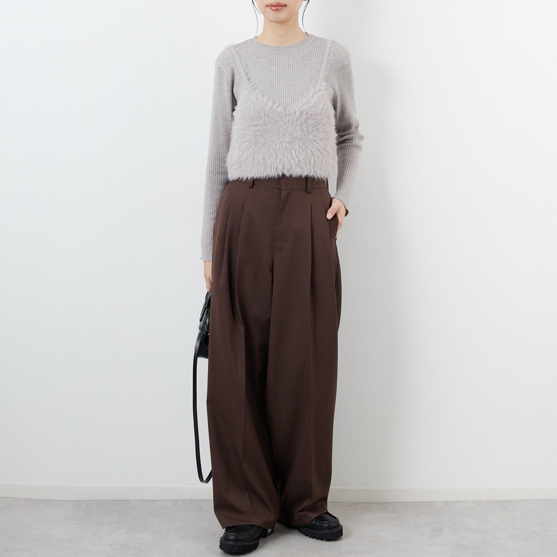 CLOCHE [クロシェ] ファービスチェ&リブニットセット [55285529] ﾗｲﾄｸﾞﾚｰ &&モデル身長：162cm 着用サイズ：2&&