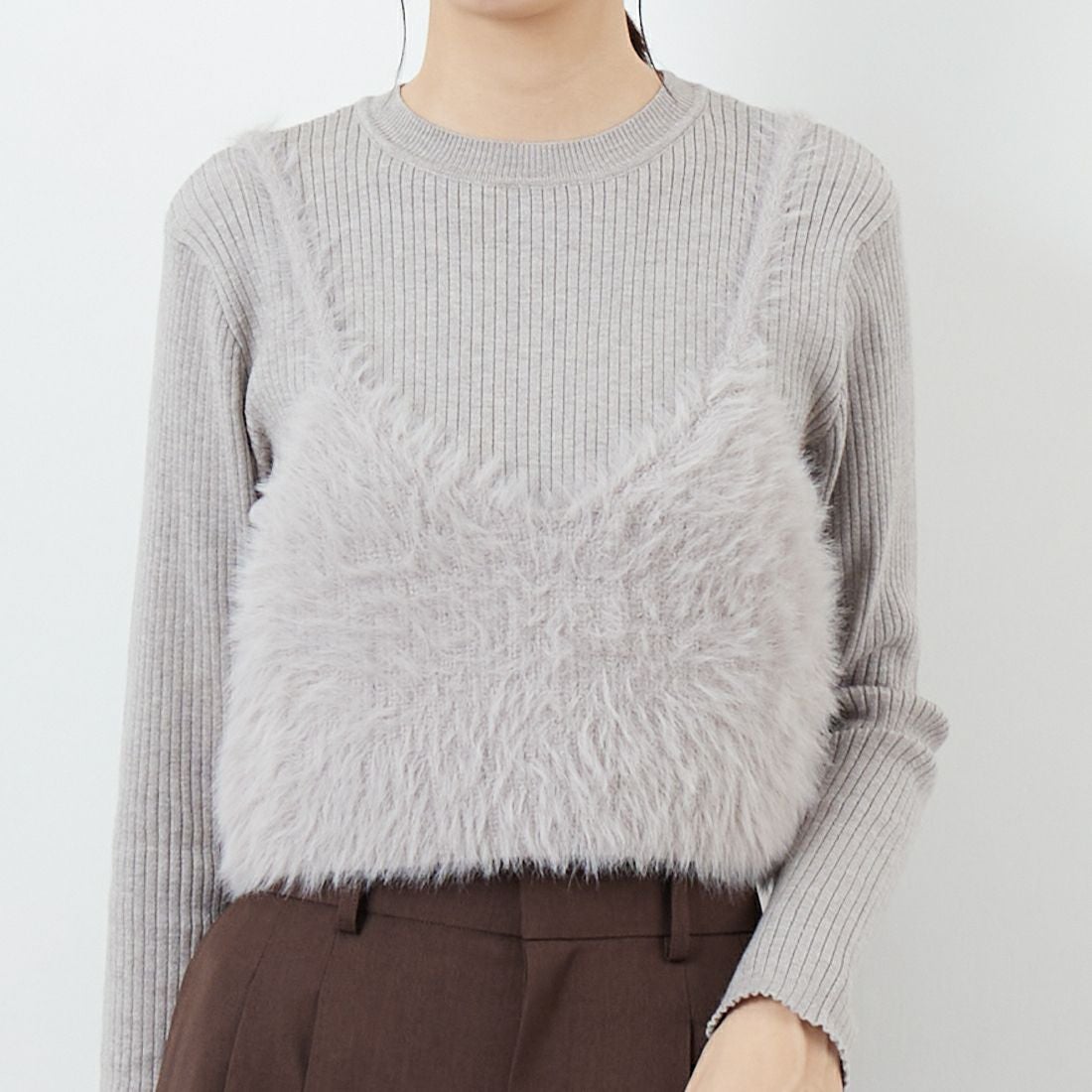 CLOCHE [クロシェ] ファービスチェ&リブニットセット [55285529] ﾗｲﾄｸﾞﾚｰ &&モデル身長：162cm 着用サイズ：2&&