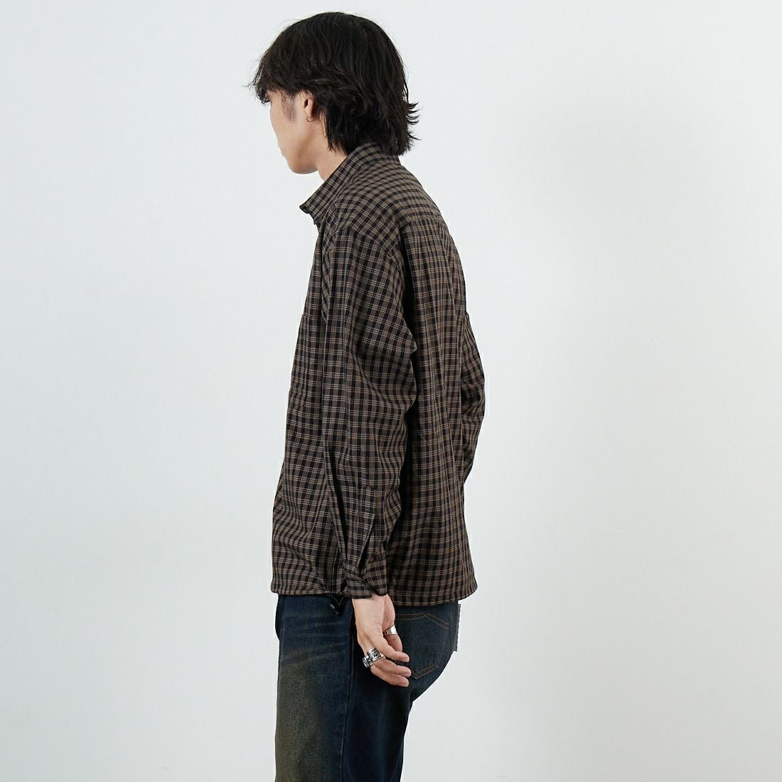 SLICK [スリック] マイクロチェックドローストリングレギュラーシャツ [5121019] 700 BLACK &&モデル身長：179cm 着用サイズ：1&&