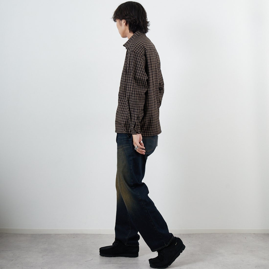 SLICK [スリック] マイクロチェックドローストリングレギュラーシャツ [5121019] 700 BLACK &&モデル身長：179cm 着用サイズ：1&&