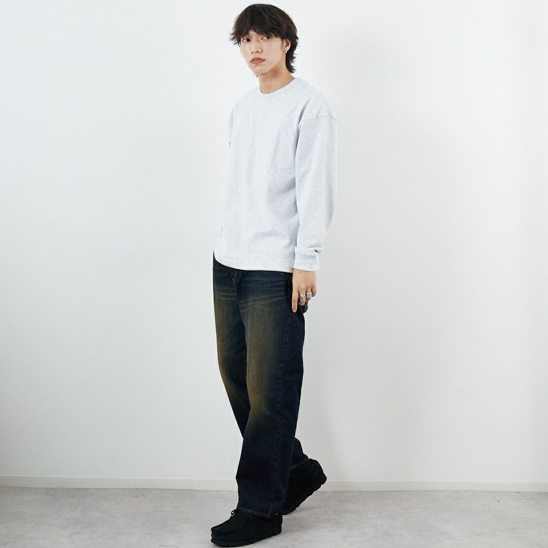 ONEITA [オニータ] ケミカル加工ドロストロングスリーブTシャツ [2523-468IN] ASH &&モデル身長：179cm 着用サイズ：M&&